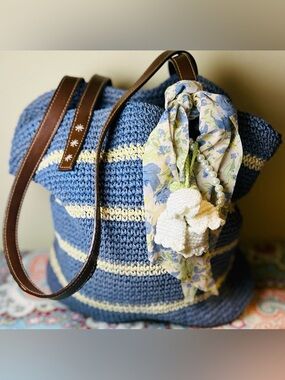 Boho Blue White Striped Crochet Tote Bag Nautical Knit Summer Beach Shoulder Bag